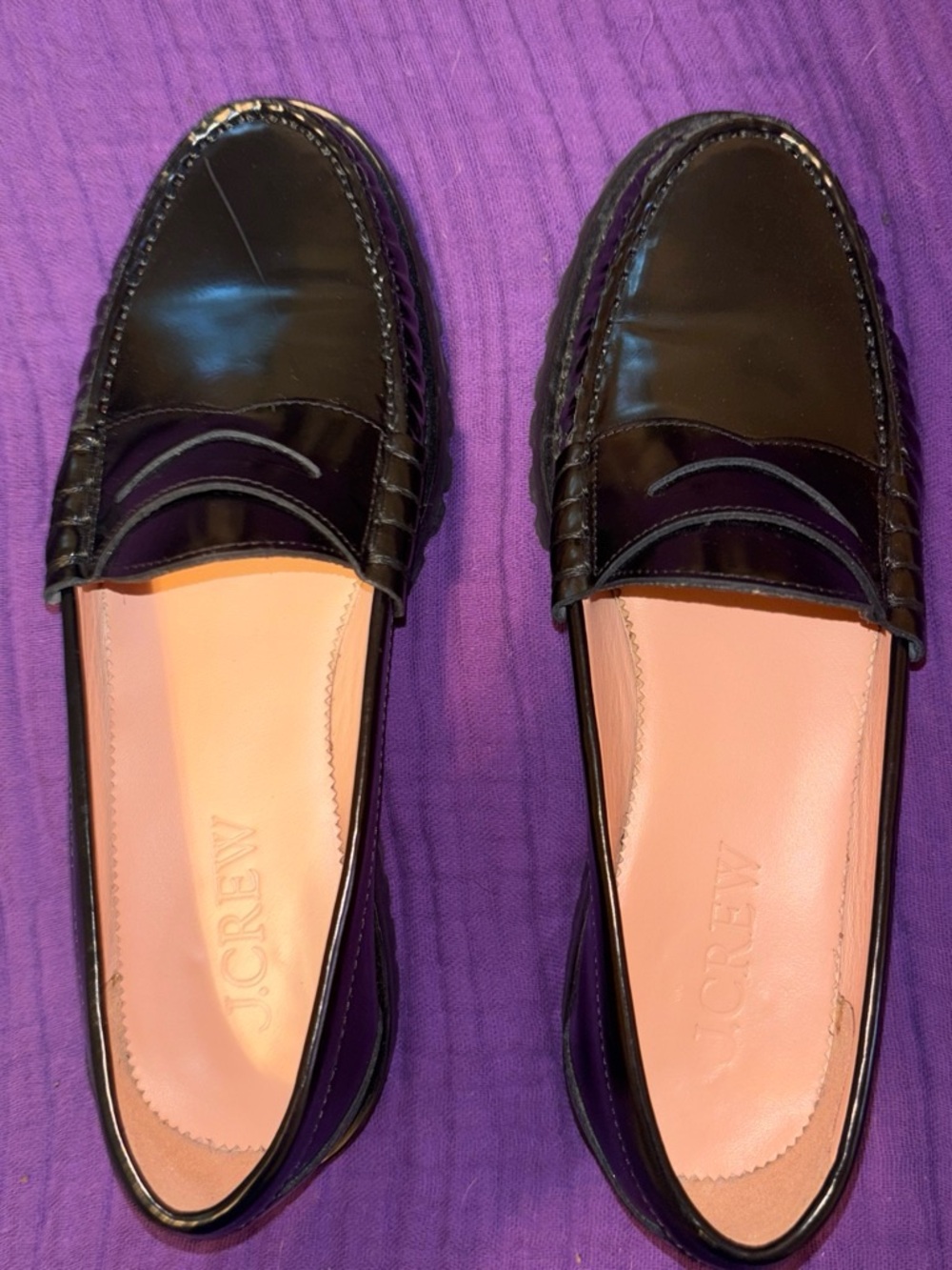 J. Crew Black Patent Leather Penny Loafers with tan leather Insole